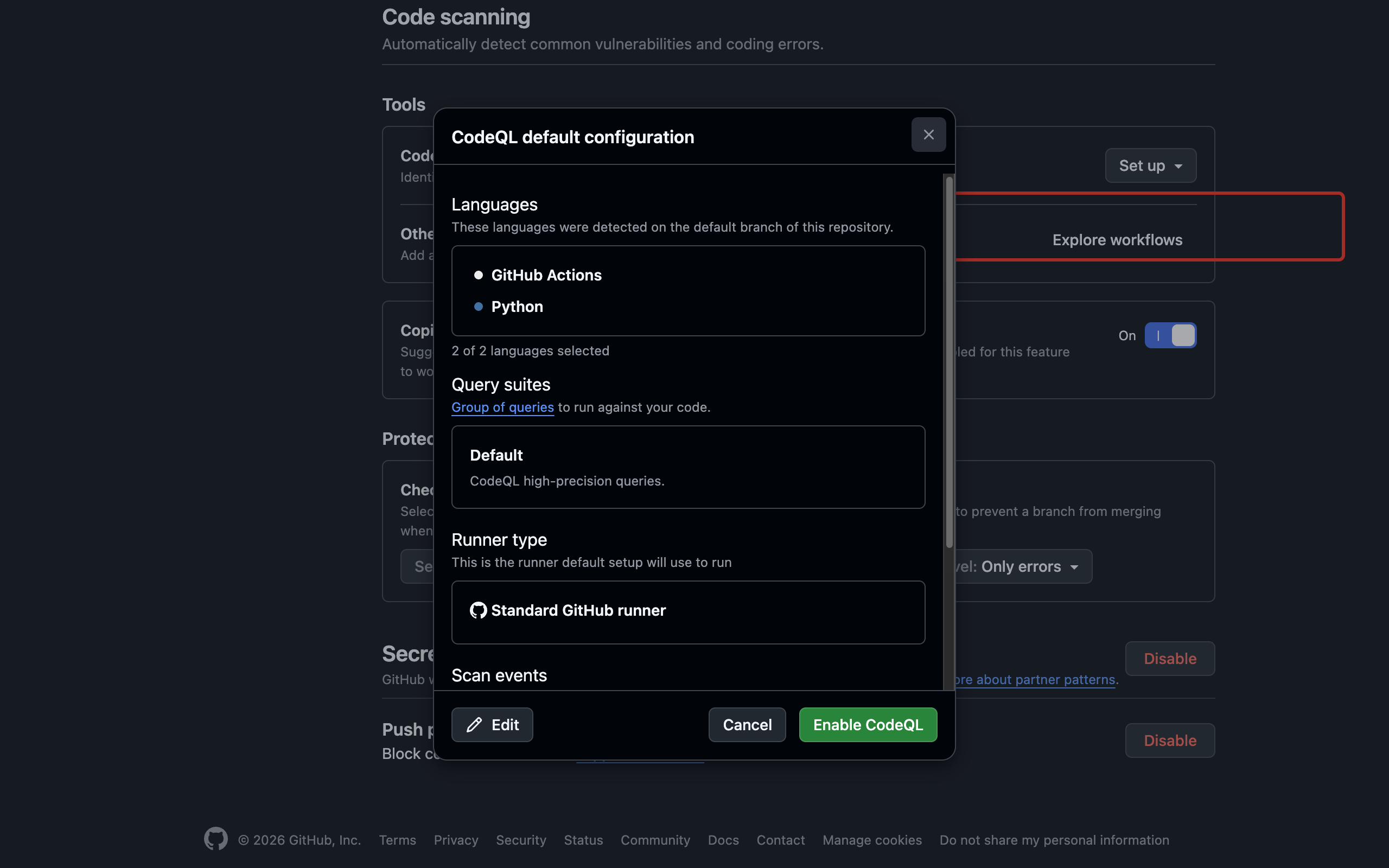 点击 Enable CodeQL 启用